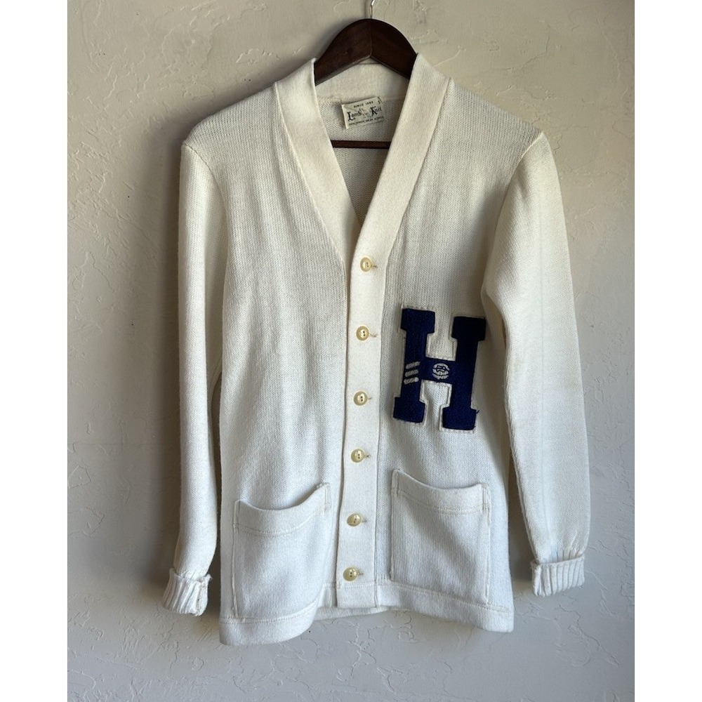 Vintage 50s 60s Lamb Knit Varsity Letterman Cardigan Sweater S White H Patch